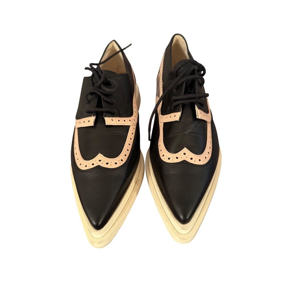 Annaisha Womens Lace-up Shoes Derby Size 38 Black Leather Pointed Toe Spain New